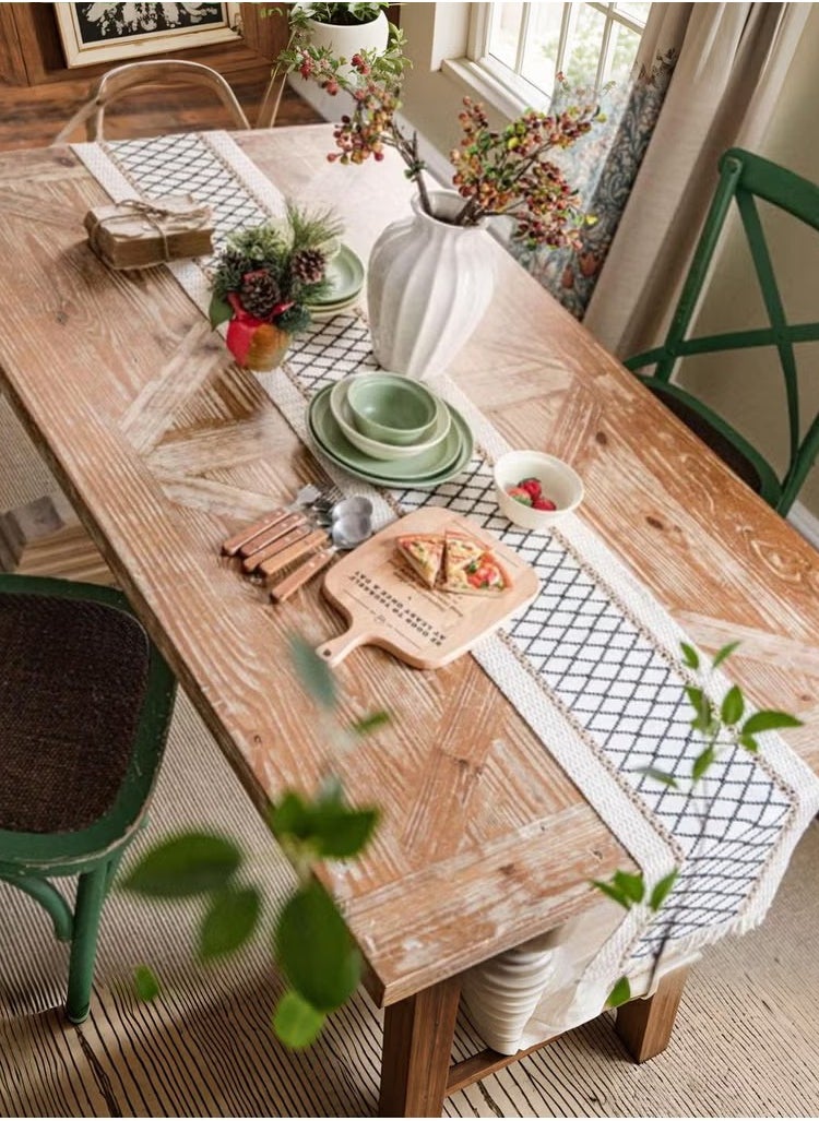 Beauenty - Natural Burlap Splicing Cotton Boho Table Runner with Tassels 30*180CM - Image 1