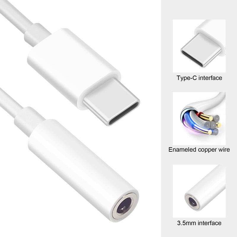 Type C to 3.5mm Headphone Jack Adapter, AUX to USB C Dongle Cable Compatible with Samsung, iPhone 15/16 and More - White
