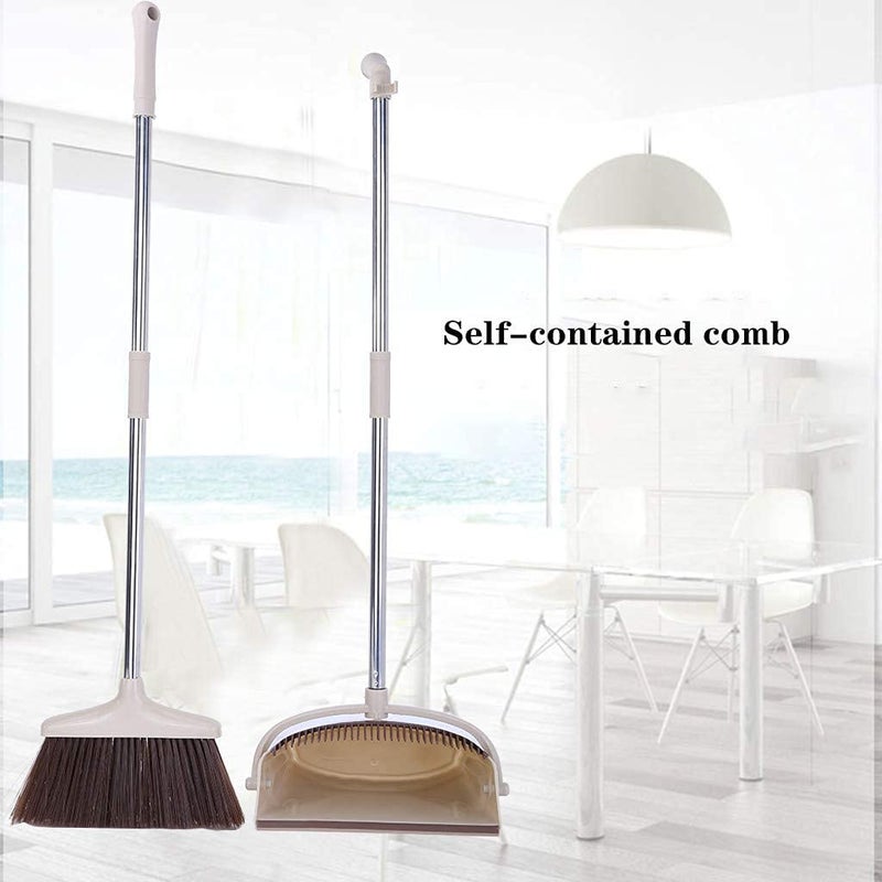 Yorten Stand Up Dustpan Set Brooms and Fibber and Metal with Long Handle Kitchen Magic Combo Set for Lobby Broom with Dustpan for Floor Cleaning Schools Hotel Hospital Light Brown - Image 3