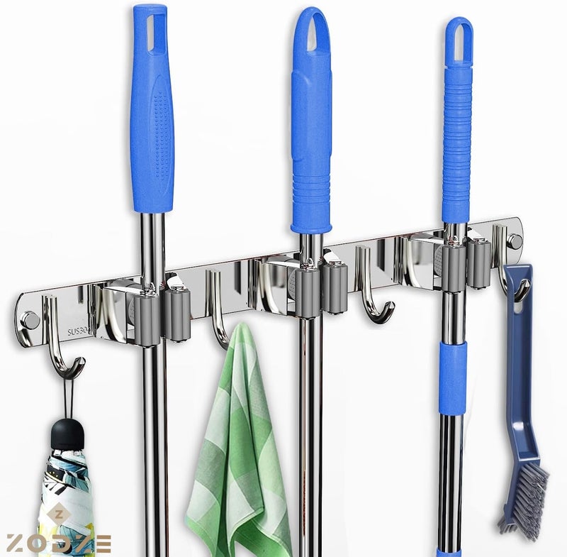 ZODZE Mop Broom Holder Wall Mount Broom Organizer Storage Tool Wall Hanging Garden Tool Rack Organizer for Closet Garage Laundry Room Kitchen Decor With 3 Slots 4 Hooks - Image 1