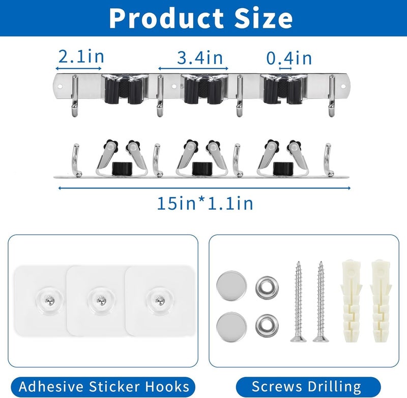 ZODZE Mop Broom Holder Wall Mount Broom Organizer Storage Tool Wall Hanging Garden Tool Rack Organizer for Closet Garage Laundry Room Kitchen Decor With 3 Slots 4 Hooks - Image 4