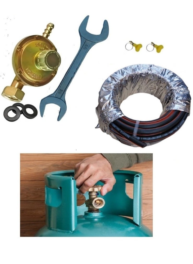 2 meters of hose + regulator + regulator wrench + 2 clamps