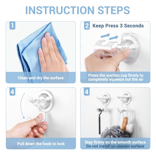 Teletrogy Large Suction Cup Hooks Shower Razor Holder - 2 Pack Heavy Duty Reusable Vacuum Shower Hook, Damage Free Wall Hooks for Bathroom Kitchen Towel Loofah Sponge Key Shaver Bathrobe Wreath - Image 3