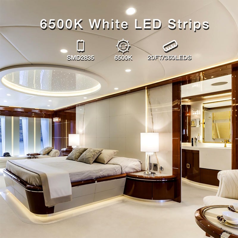DAYBETTER White LED Strip Light, 20 ft Dimmable Bright Rope Lighting, 6500K 24V Strips, 360 LEDs 2835 Tape Lights for Bedroom, Kitchen, Mirror, Home Decoration(1 Roll) - Image 3