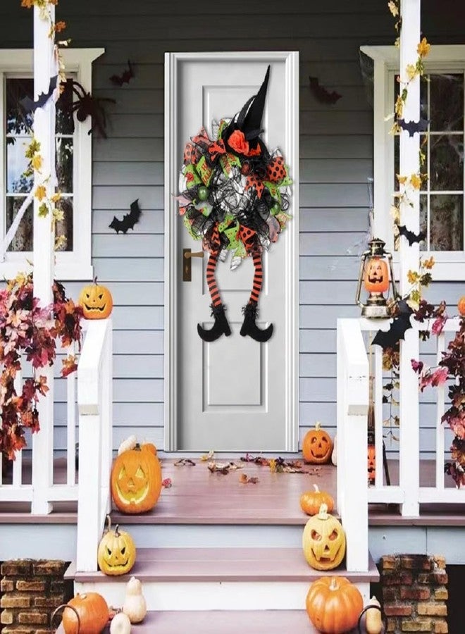 VDKIDKT Halloween Wreath for Front Door, Artificial Witch's Mesh Hat Legs Halloween Front Door Outside Wreath Deco (Green) - Image 3