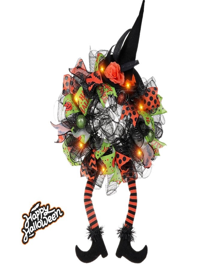 VDKIDKT Halloween Wreath for Front Door, Artificial Witch's Mesh Hat Legs Halloween Front Door Outside Wreath Deco (Green) - Image 1