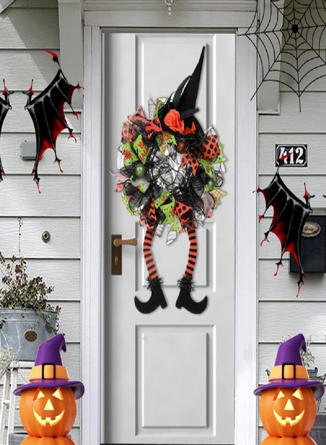 VDKIDKT Halloween Wreath for Front Door, Artificial Witch's Mesh Hat Legs Halloween Front Door Outside Wreath Deco (Green) - Image 2