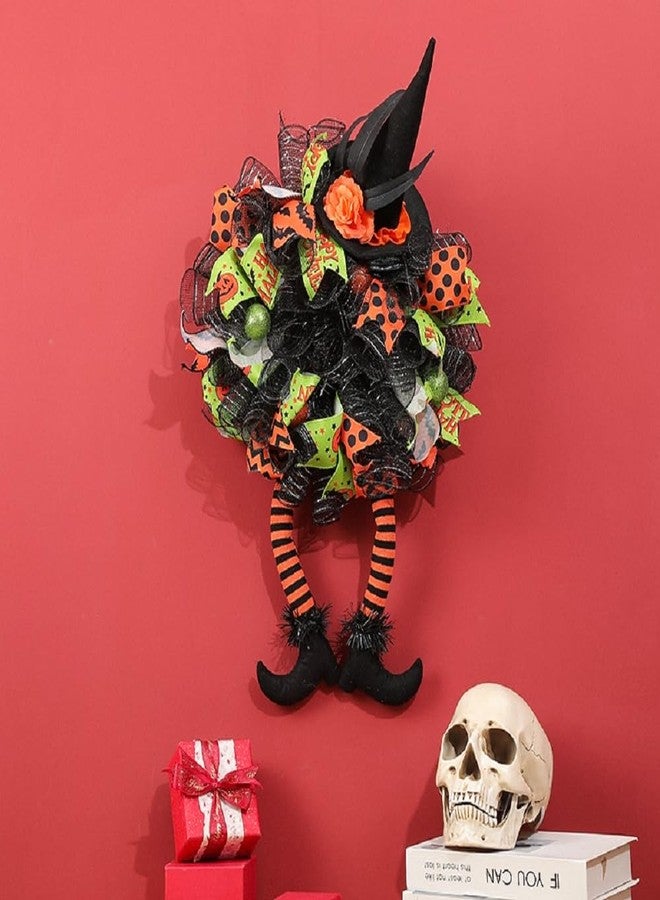 VDKIDKT Halloween Wreath for Front Door, Artificial Witch's Mesh Hat Legs Halloween Front Door Outside Wreath Deco (Green) - Image 5