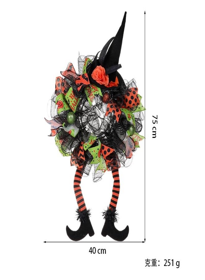 VDKIDKT Halloween Wreath for Front Door, Artificial Witch's Mesh Hat Legs Halloween Front Door Outside Wreath Deco (Green) - Image 4