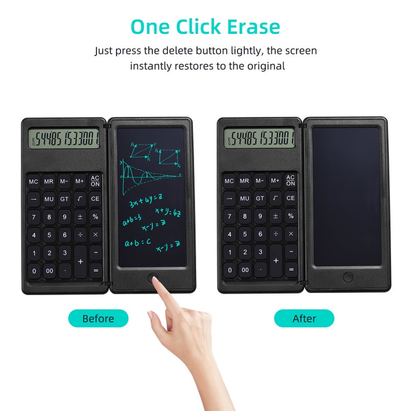 Foldable Calculator & 6 Inch LCD Writing Tablet Digital Drawing Pad 12 Digits Display with Stylus Pen Erase Button for Children Adults Home Office School Use - Image 3