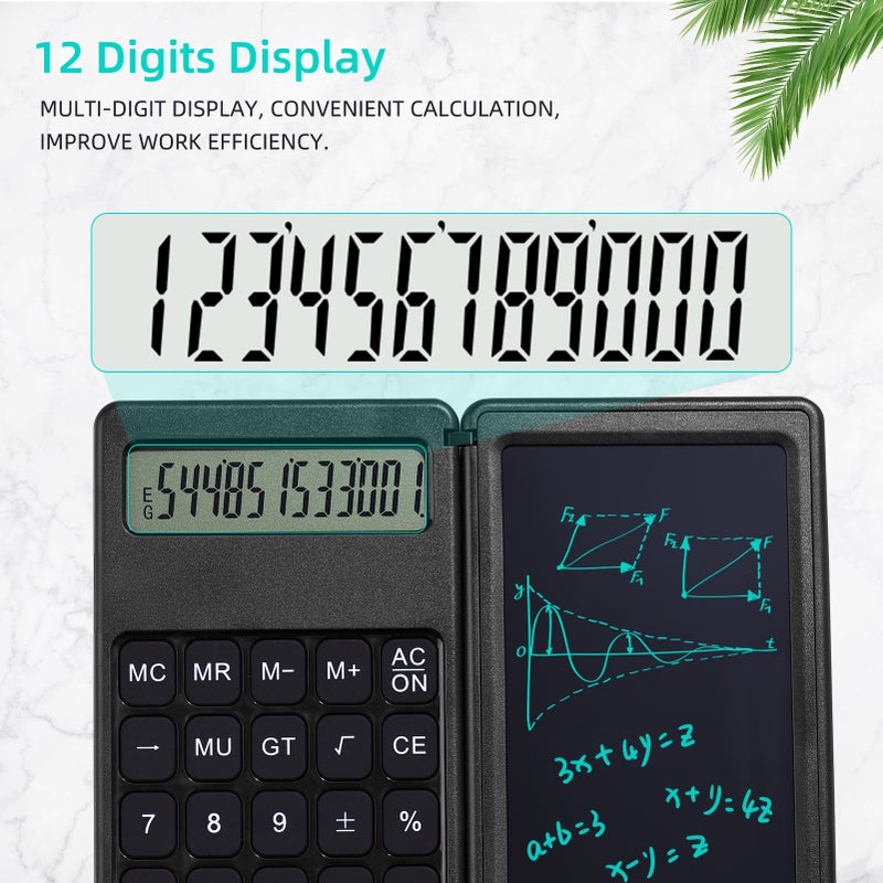 Foldable Calculator & 6 Inch LCD Writing Tablet Digital Drawing Pad 12 Digits Display with Stylus Pen Erase Button for Children Adults Home Office School Use - Image 4