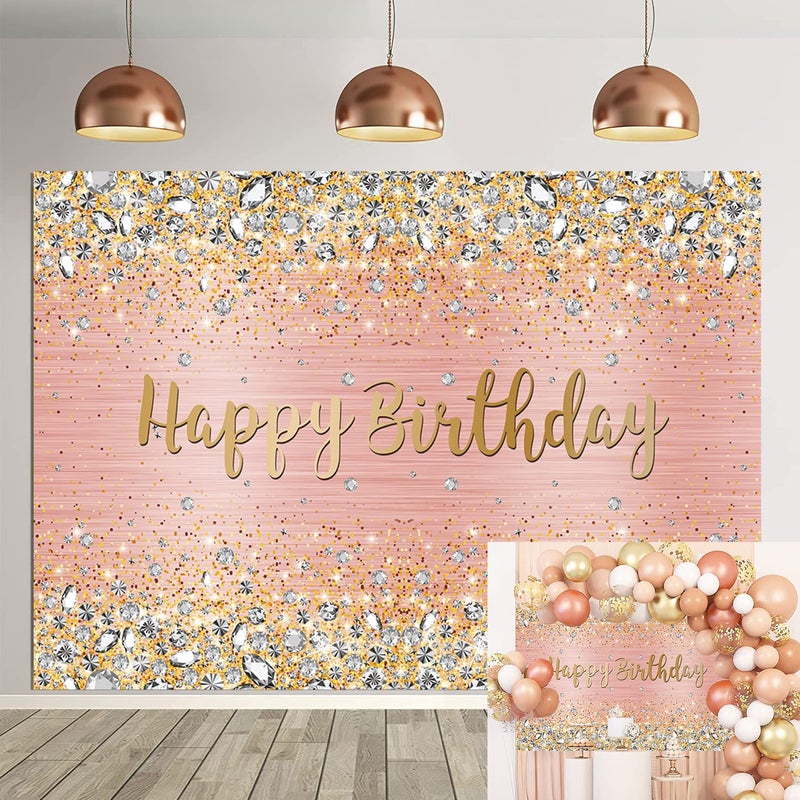 Happy Birthday Backdrop 8X6FT Diamonds Shining Bokeh Pink and Gold Dot Glitter Sparkle Photography Background for Women Girls Lady Sweet Party Decorations Photo Props