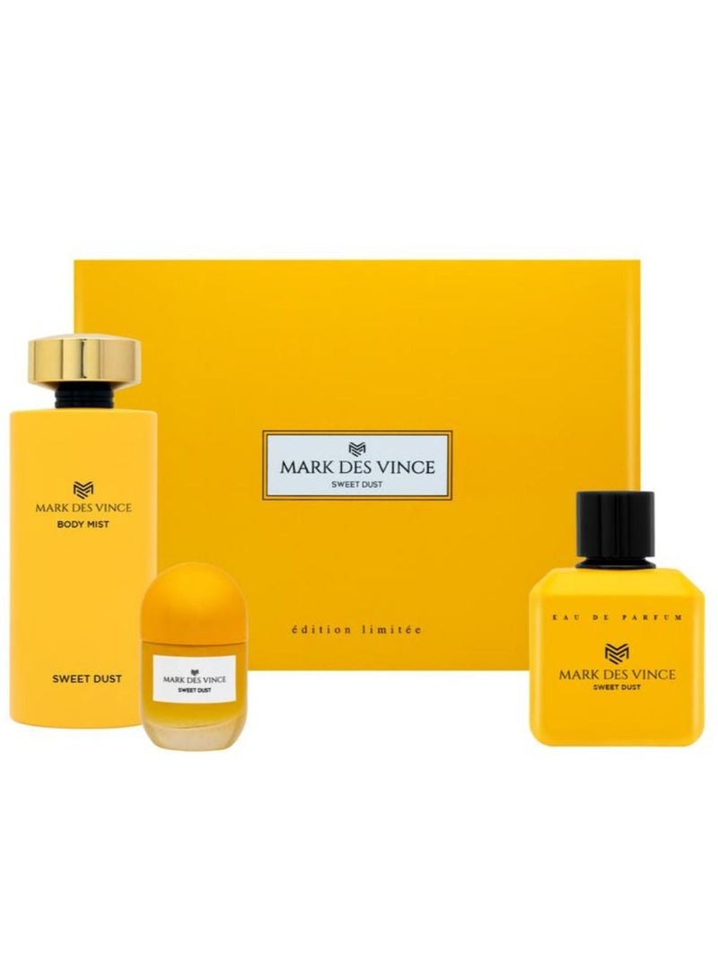 MARK DES VINCE Mark Des Vince Sweet Dust Perfume Gift Set For Women Eau De Parfum 100ML + Body Mist 200ML + Concentrated Perfume Oil 15ML (Pack of 3) - Image 1
