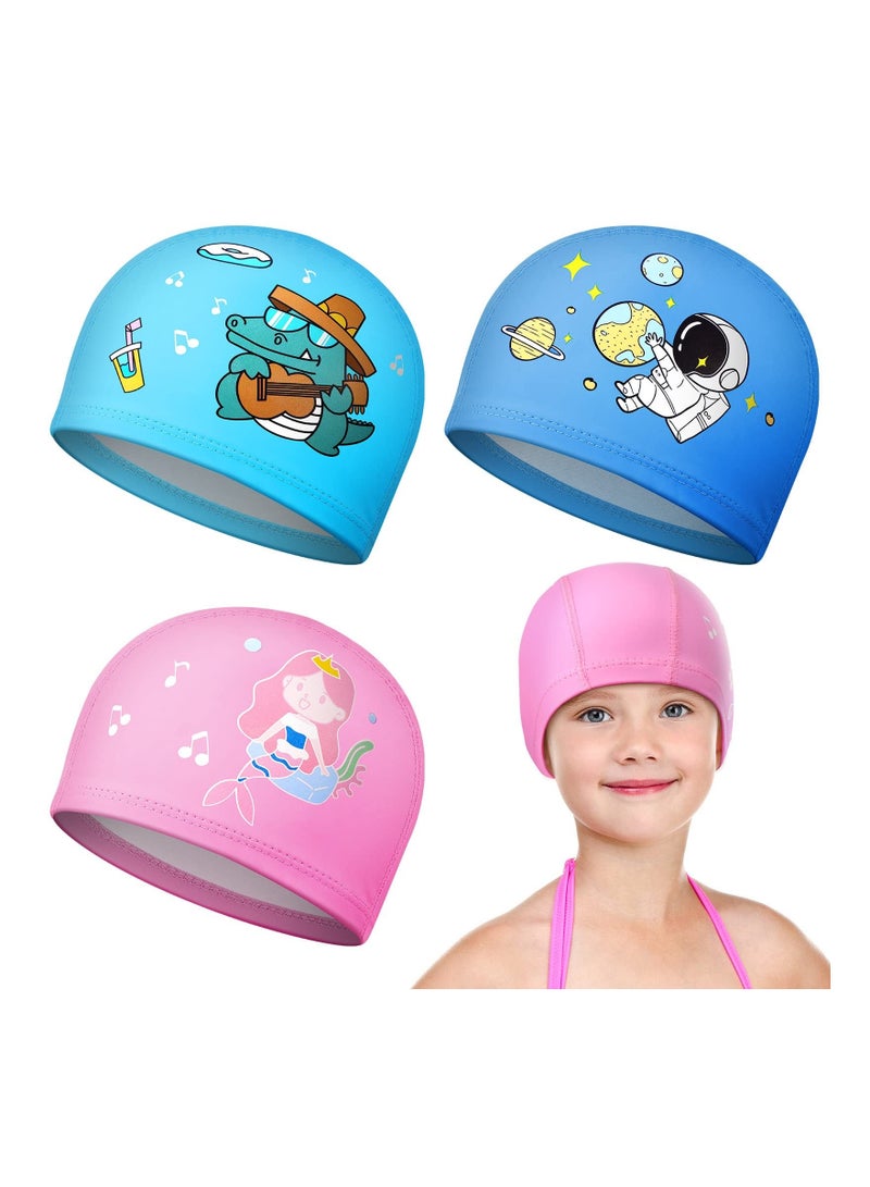 Y&D 3 Pieces Kids Swimming Cap, Mermaid Astronaut Dinosaur Swim Hat Stretchable Waterproof Cap for Children Aged 3-15 Boys Girls Teens Long Short Curly Hair, Styles - Image 1