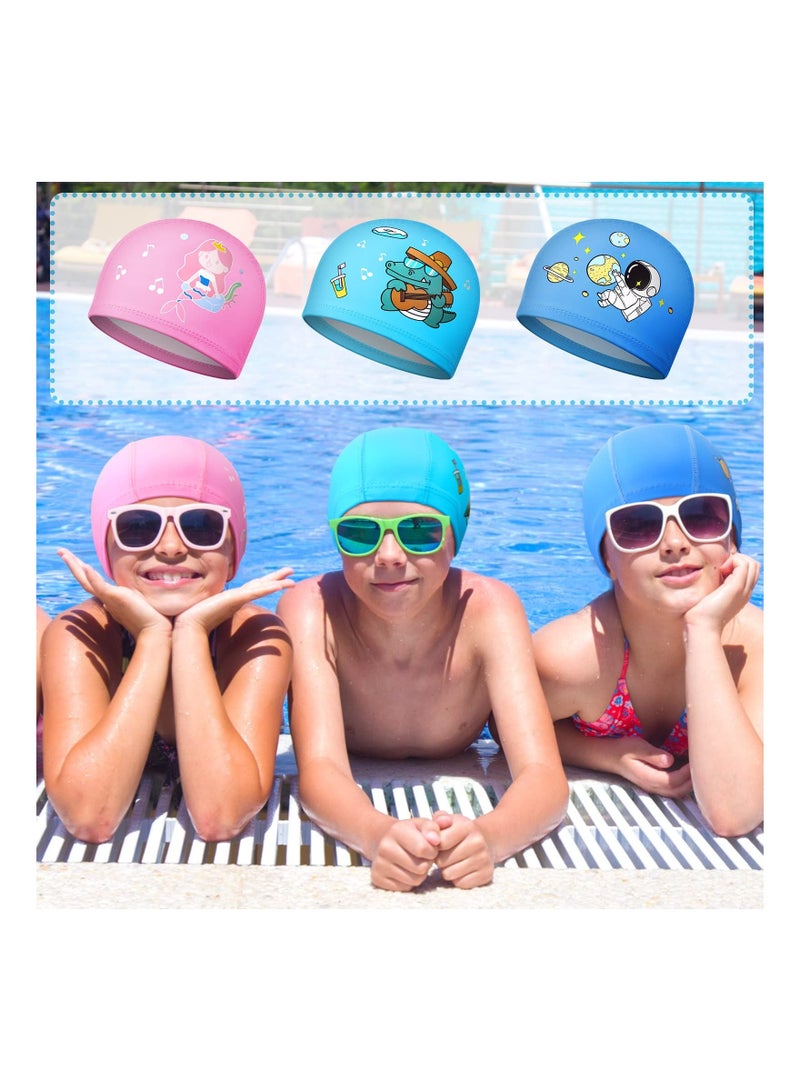 Y&D 3 Pieces Kids Swimming Cap, Mermaid Astronaut Dinosaur Swim Hat Stretchable Waterproof Cap for Children Aged 3-15 Boys Girls Teens Long Short Curly Hair, Styles - Image 4
