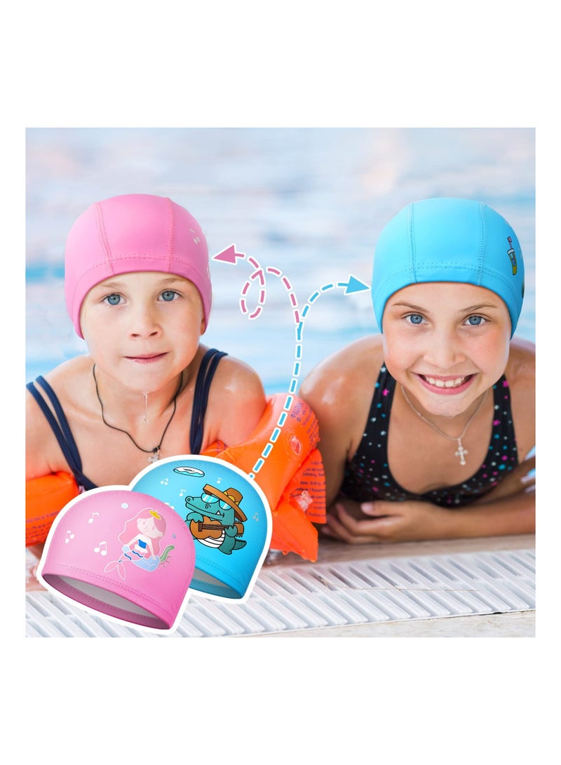 Y&D 3 Pieces Kids Swimming Cap, Mermaid Astronaut Dinosaur Swim Hat Stretchable Waterproof Cap for Children Aged 3-15 Boys Girls Teens Long Short Curly Hair, Styles - Image 2