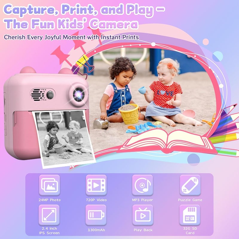 Instant Print Camera for Kids, Kids Camera with AI Smart Photo Technology, Digital Camera with 3 Rolls of Print Paper & 32GB Card, Colored Pens, Birthday Gifts for Girls and Boys Age 3-12 | 3 Rolls of Print Paper & 5 Colored Pens & DIY, Birthday Gifts for Boys and Girls Age 3-12 Years Old - Image 2