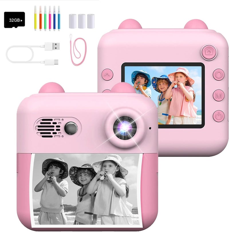 Instant Print Camera for Kids, Kids Camera with AI Smart Photo Technology, Digital Camera with 3 Rolls of Print Paper & 32GB Card, Colored Pens, Birthday Gifts for Girls and Boys Age 3-12 | 3 Rolls of Print Paper & 5 Colored Pens & DIY, Birthday Gifts for Boys and Girls Age 3-12 Years Old - Image 1