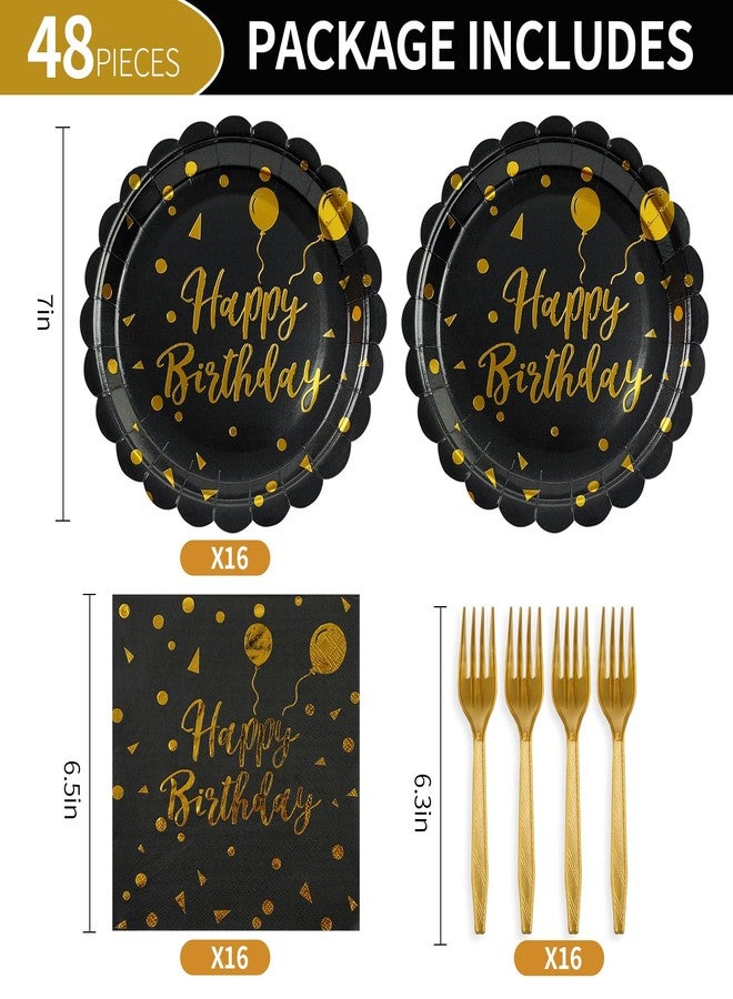 BOKFJBP مجموعة أدوات مائدة لحفلات أعياد الميلاد من BOKFJBP، 48 قطعة، تتضمن أطباق ومناديل سوداء وذهبية اللون، مزينة بحواف مزخرفة، مع شوك، مناسبة لـ 16 ضيفًا. - Image 2
