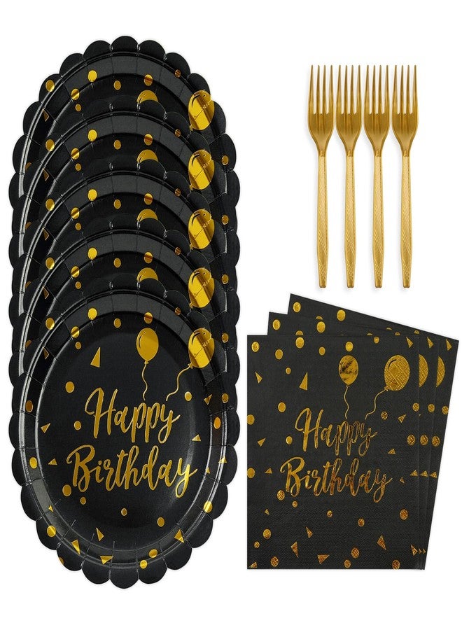 BOKFJBP مجموعة أدوات مائدة لحفلات أعياد الميلاد من BOKFJBP، 48 قطعة، تتضمن أطباق ومناديل سوداء وذهبية اللون، مزينة بحواف مزخرفة، مع شوك، مناسبة لـ 16 ضيفًا. - Image 1
