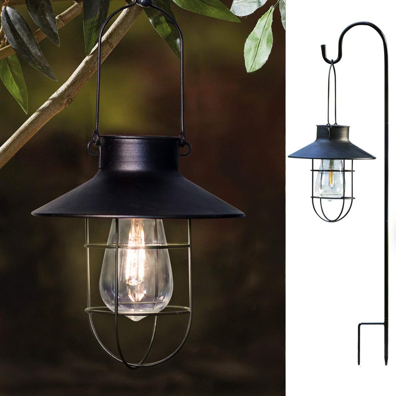 EKQ 2 Pack EKQ Hanging Solar Lights Lantern Lamp with Shepherd Hook, Metal Waterproof Edison Bulb Lights for Garden Outdoor Pathway (Black) - Image 1
