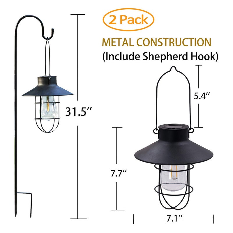 EKQ 2 Pack EKQ Hanging Solar Lights Lantern Lamp with Shepherd Hook, Metal Waterproof Edison Bulb Lights for Garden Outdoor Pathway (Black) - Image 3