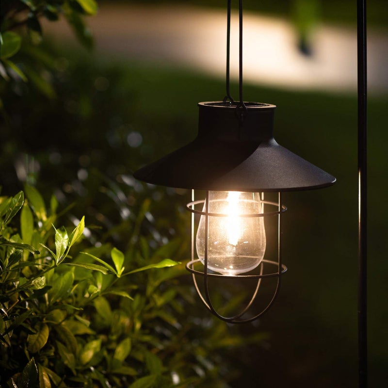 EKQ 2 Pack EKQ Hanging Solar Lights Lantern Lamp with Shepherd Hook, Metal Waterproof Edison Bulb Lights for Garden Outdoor Pathway (Black) - Image 4