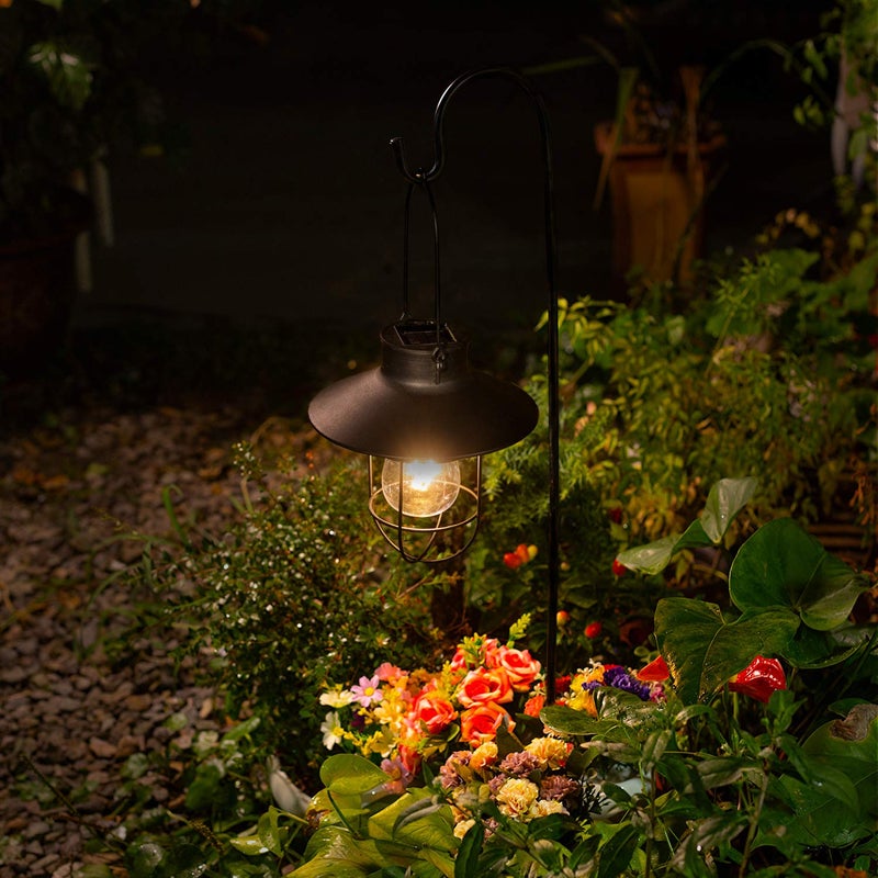 EKQ 2 Pack EKQ Hanging Solar Lights Lantern Lamp with Shepherd Hook, Metal Waterproof Edison Bulb Lights for Garden Outdoor Pathway (Black) - Image 2