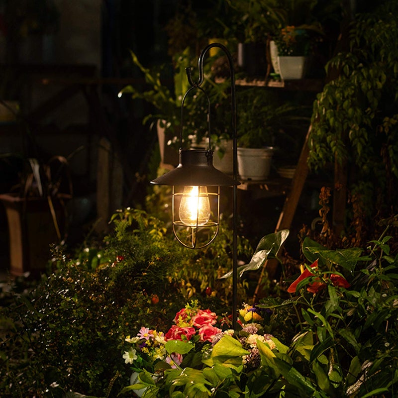 EKQ 2 Pack EKQ Hanging Solar Lights Lantern Lamp with Shepherd Hook, Metal Waterproof Edison Bulb Lights for Garden Outdoor Pathway (Black) - Image 5