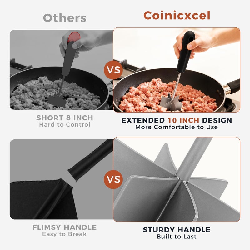 Coinicxcel 304 Stainless Steel Meat Chopper & Masher, Coinicxcel 10 Inch Heat Resistant Ground Beef Chopper Tool with 6 Curve Blades & Ergonomic Non-Slip Handle, Heavy-Duty Hamburger Smasher Tool Dishwasher Safe - Image 3