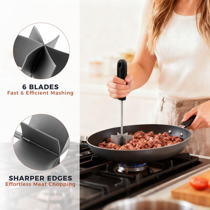 Coinicxcel 304 Stainless Steel Meat Chopper & Masher, Coinicxcel 10 Inch Heat Resistant Ground Beef Chopper Tool with 6 Curve Blades & Ergonomic Non-Slip Handle, Heavy-Duty Hamburger Smasher Tool Dishwasher Safe - Image 4