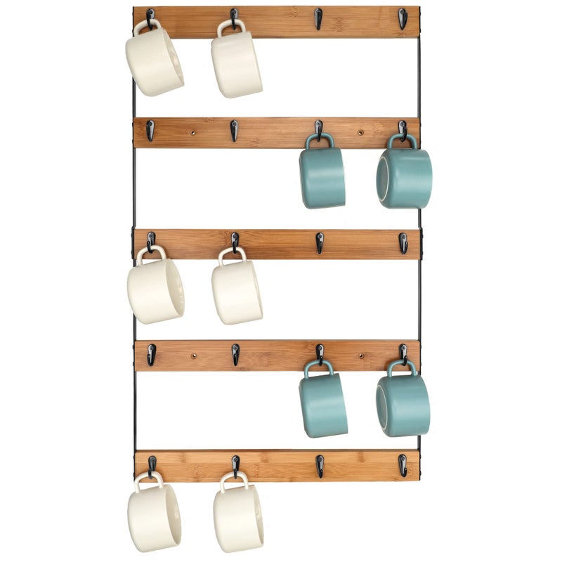 Aomomery Wall Mounted Coffee Mug Holder Large 5 Tier Shelf with 20 Hooks for Cups Rustic Wooden Display Rack for Kitchens Homes and Bars Bamboo