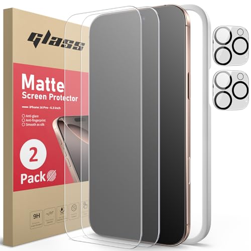 Ambison 2 Pack Matte Screen Protector for iPhone 16 Pro + 2 Pack HD Camera Lens Protector, Anti Glare & Anti Fingerprint, 9H Tempered Glass Film, Easy Installation Frame, Bubble-Free, Smooth as Silk - Image 1