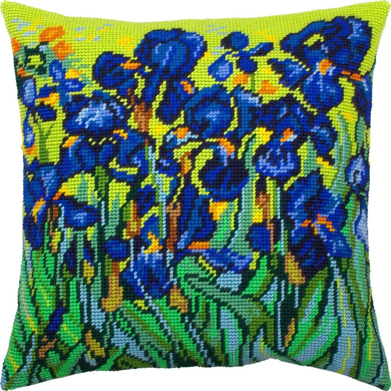 Brvsk Irises by Vincent Van Gogh. Needlepoint Kit. Throw Pillow 16×16 Inches. Printed Tapestry Canvas, European Quality - Image 1