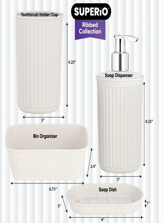 Superio Ribbed Collection - Decorative Plastic Bathroom Accessories Set, White Smoke (Set of 4) Soap Dish, Liquid Dispenser, Toothbrush Holder Cup, Vanity Organizer Tray - Bathroom Decor Gift - Image 2