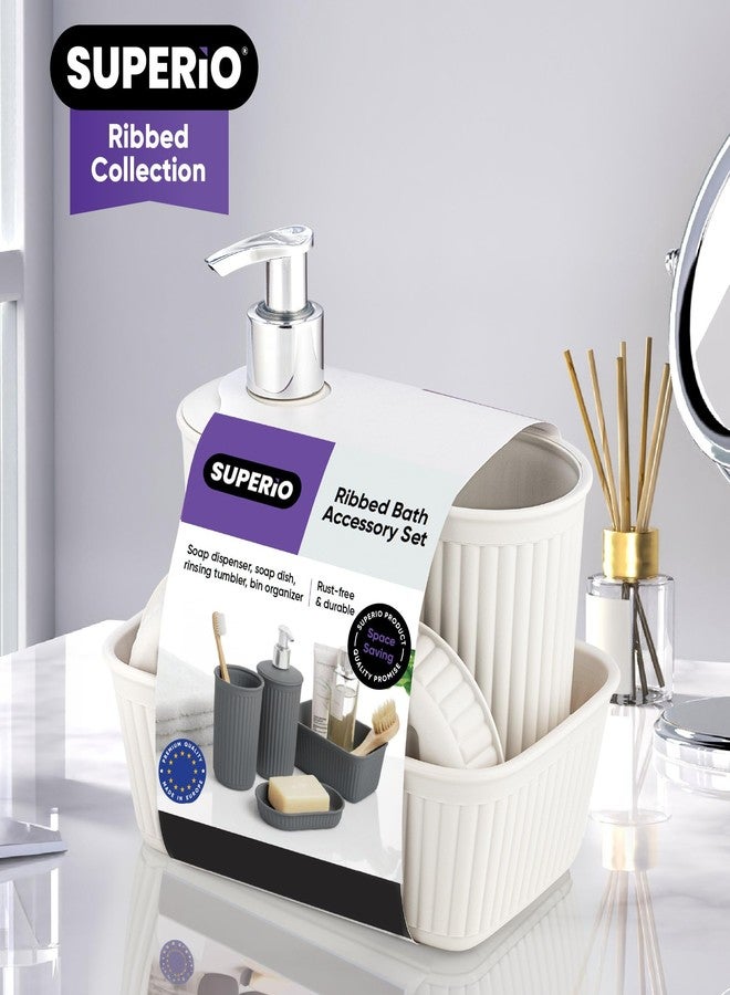 Superio Ribbed Collection - Decorative Plastic Bathroom Accessories Set, White Smoke (Set of 4) Soap Dish, Liquid Dispenser, Toothbrush Holder Cup, Vanity Organizer Tray - Bathroom Decor Gift - Image 5