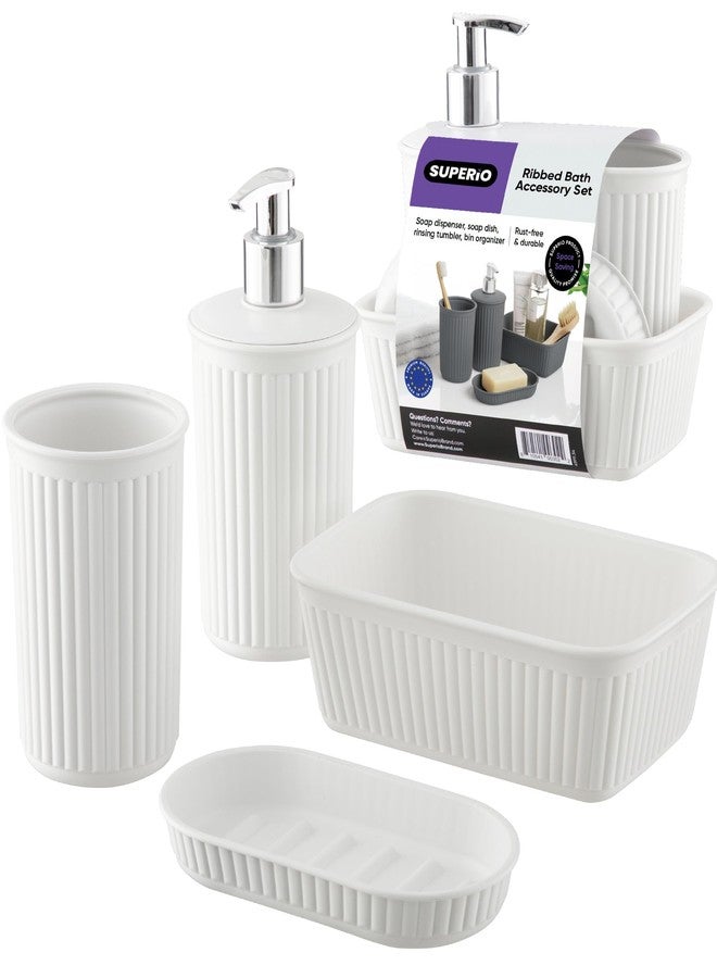 Superio Ribbed Collection - Decorative Plastic Bathroom Accessories Set, White Smoke (Set of 4) Soap Dish, Liquid Dispenser, Toothbrush Holder Cup, Vanity Organizer Tray - Bathroom Decor Gift - Image 1