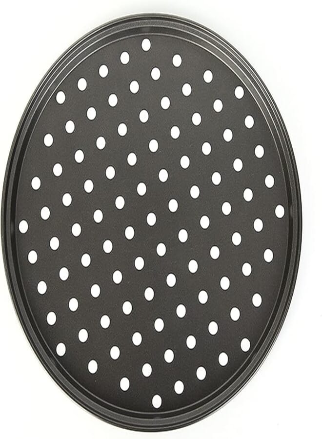 Dephnes Round Pizza Pan with Holes 12.6 Inches Nonstick Bakeware Pizza Tray Carbon Steel Perforated Pizza Crisper Pan Oven Baking Supplies for Home Kitchen, Black (1PCS)
