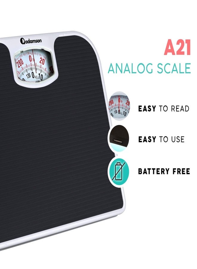 Adamson A21 Analog Scales for Body Weight - Up to 300 LB - New - Anti-Skid Rubber Surface + Large Numbers - Analog Bathroom Scale - Affordable - Durable with 20-Year Assurance - Black - Image 2
