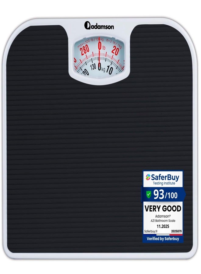 Adamson A21 Analog Scales for Body Weight - Up to 300 LB - New - Anti-Skid Rubber Surface + Large Numbers - Analog Bathroom Scale - Affordable - Durable with 20-Year Assurance - Black - Image 1