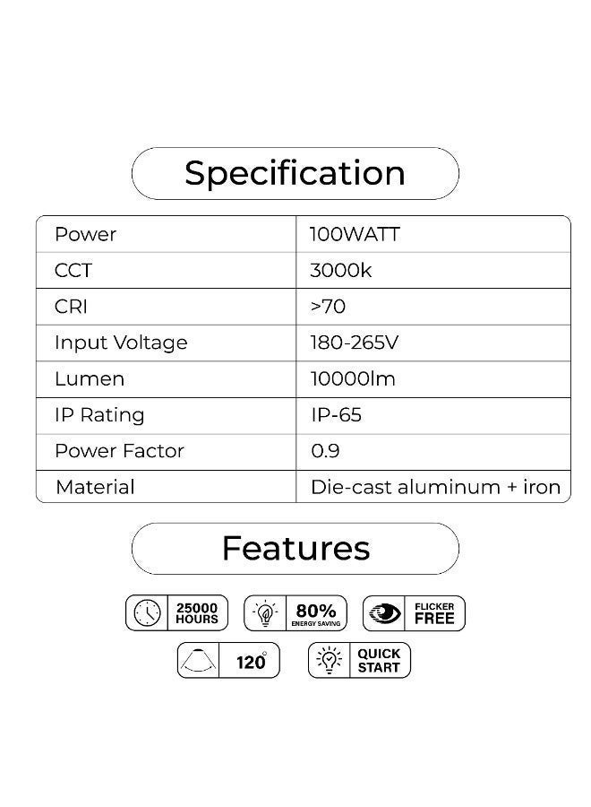 بيكسليتس 100W LED Flood Light, Warm- 3000K, IP65, 25000Hr Life, 2years Warranty, suitable for Garden, Playground, Garage, Factories, Parking Lot, Park, Playground etc. Part#PIXEL62100WW - Image 4