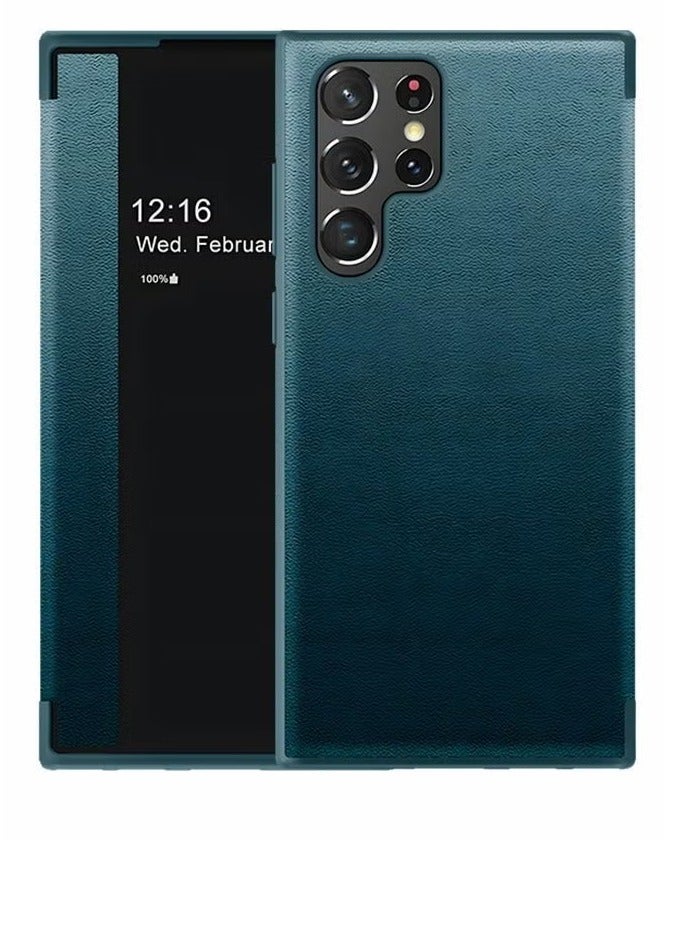 For Samsung Galaxy S22 Ultra 5g 6.8 Inch Phone Case, Leather Case with  Window, Magnetic Flip Cover, Half Window Stand Phone Shell Green - Image 1