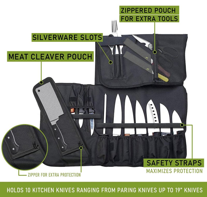 EVERPRIDE Chef Knife Roll Bag Holds 10 Knives – Contains 2 Large Zippered Pockets for Meat Cleavers and Cooking Tools – Durable Knife Case for Chefs and Culinary Students – Knives Not Included - Image 4