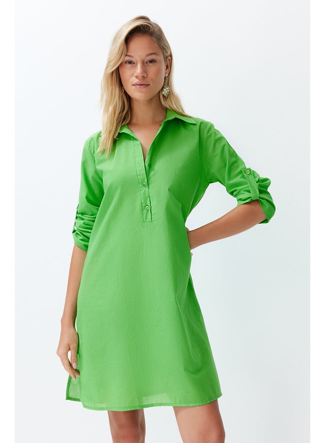 trendyol Green Belted Midi 100% Cotton Beach Dress with Woven Ribbon Accessory TBESS24EL00082 - Image 1
