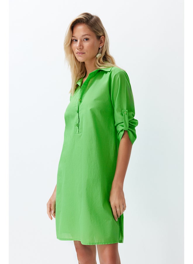 trendyol Green Belted Midi 100% Cotton Beach Dress with Woven Ribbon Accessory TBESS24EL00082 - Image 4