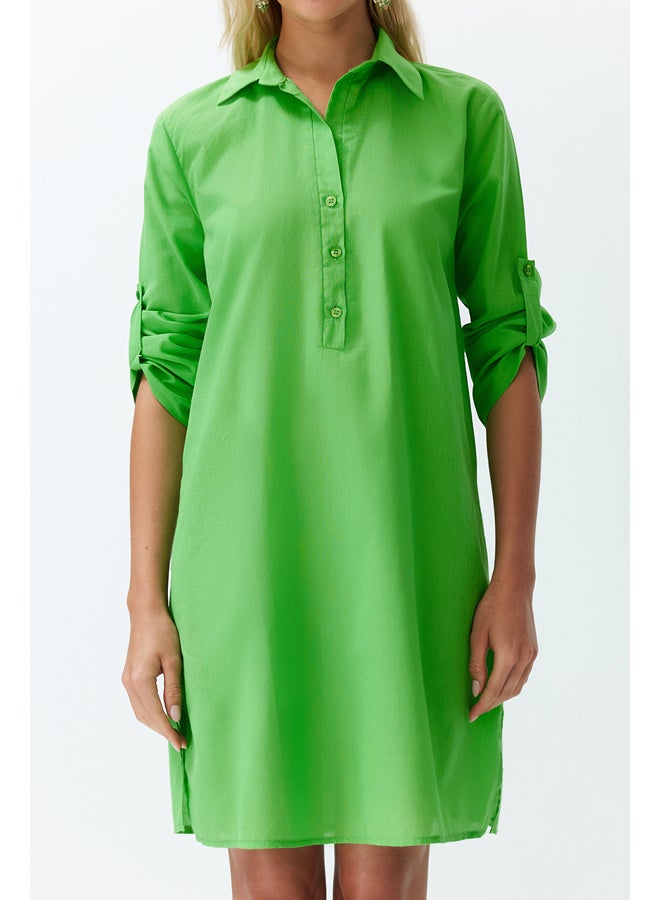 trendyol Green Belted Midi 100% Cotton Beach Dress with Woven Ribbon Accessory TBESS24EL00082 - Image 3