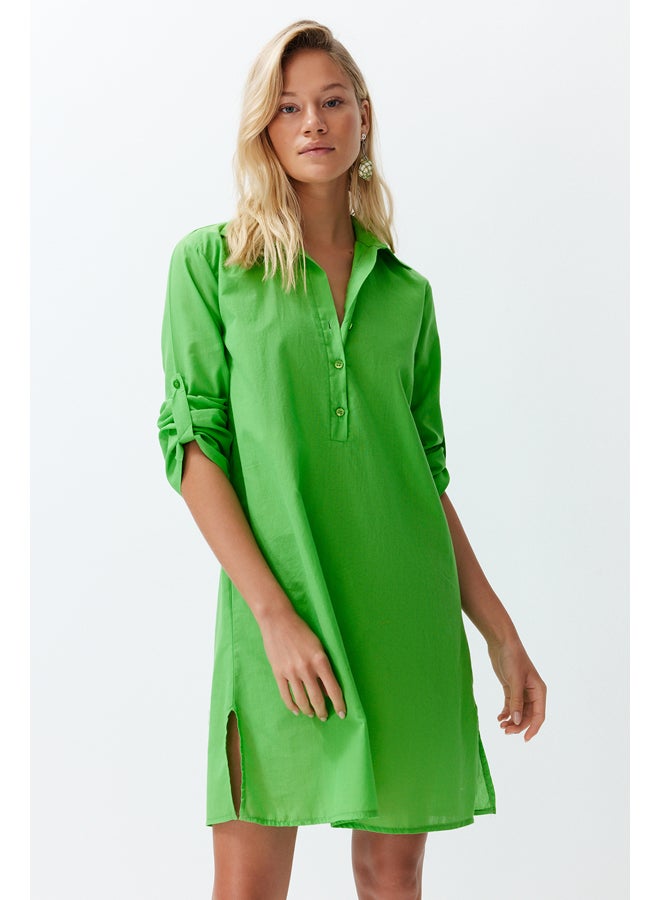 trendyol Green Belted Midi 100% Cotton Beach Dress with Woven Ribbon Accessory TBESS24EL00082 - Image 2