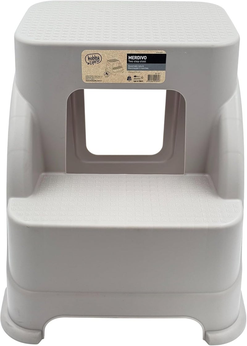 B&D Merdivo Two Step Stool, Beige Plastic, 42x44x44 cm, Portable Stepping Stool for Home, Bathroom, Kitchen - Image 2