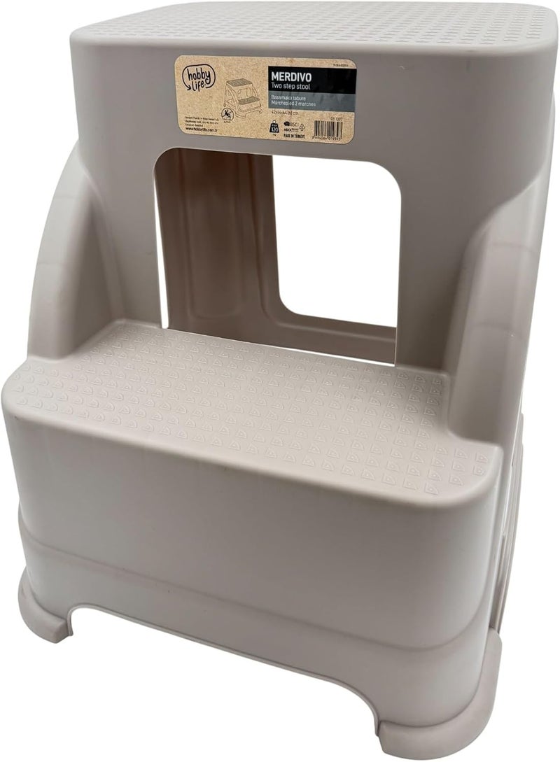 B&D Merdivo Two Step Stool, Beige Plastic, 42x44x44 cm, Portable Stepping Stool for Home, Bathroom, Kitchen - Image 1
