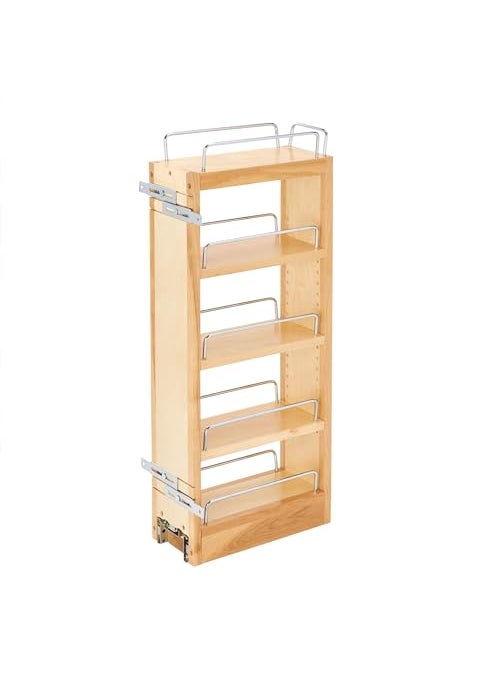 Rev-A-Shelf RevAShelf 5 Pull Out Storage Organizer for Wall Kitchen Cabinets Sliding Adjustable Shelves for Spice Rack or Cans Wood  Chrome 448WC5C 